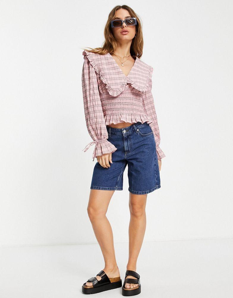 Topshop collar check blouse in pink商品第4张图片规格展示