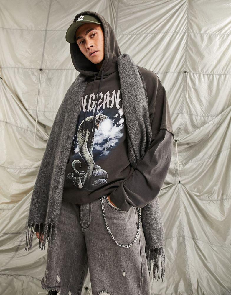 ASOS DESIGN oversized hoodie in black acid wash with gothic print and double layer sleeve商品第1张图片规格展示
