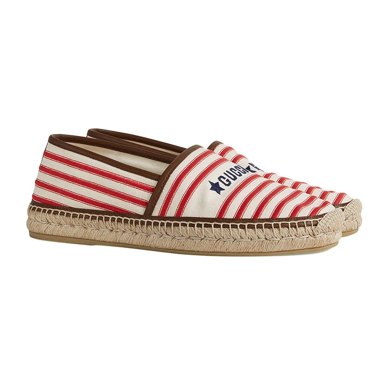商品Gucci|【预售3-7天】GUCCI/古驰 22年春夏新款 爱的进行曲系列 男士红色/米白色棉质条纹印花草编鞋帆布鞋692968F6LZ09098,价格¥4270,第4张图片详细描述