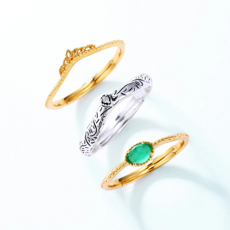 日韩轻奢风简约三件套925银戒指时尚个性绿玛瑙花纹戒指 商品