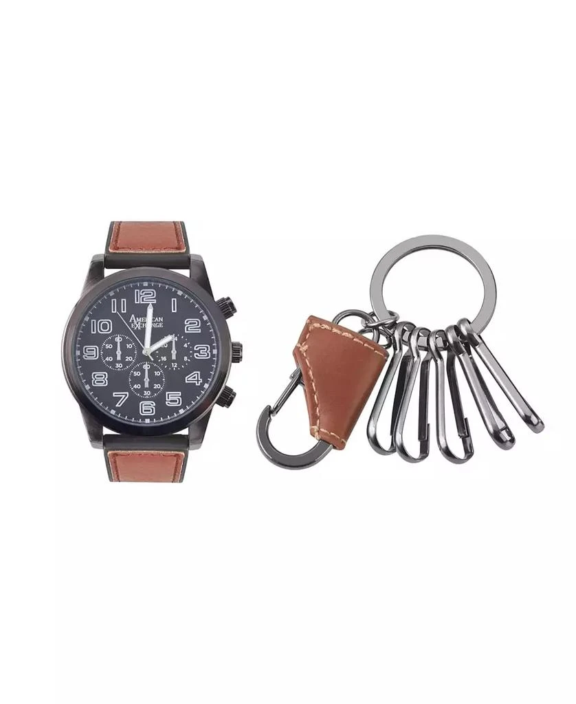 商品American Exchange|Men's Quartz Movement Cognac Leather Strap Analog Watch, 48mm and Keychain with Zippered Travel Pouch,价格¥150,第1张图片