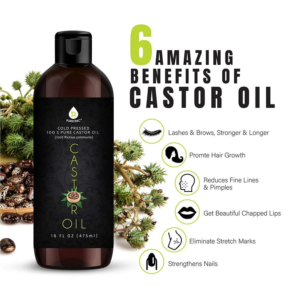 商品PURSONIC|Castor Oil (16oz) Cold-Pressed, 100% Pure, Hexane-Free Castor Oil-Moisturizing & Healing, For Dry Skin, Hair Growth - For Skin, Hair Care, Eyelashes,价格¥177,第2张图片详细描述