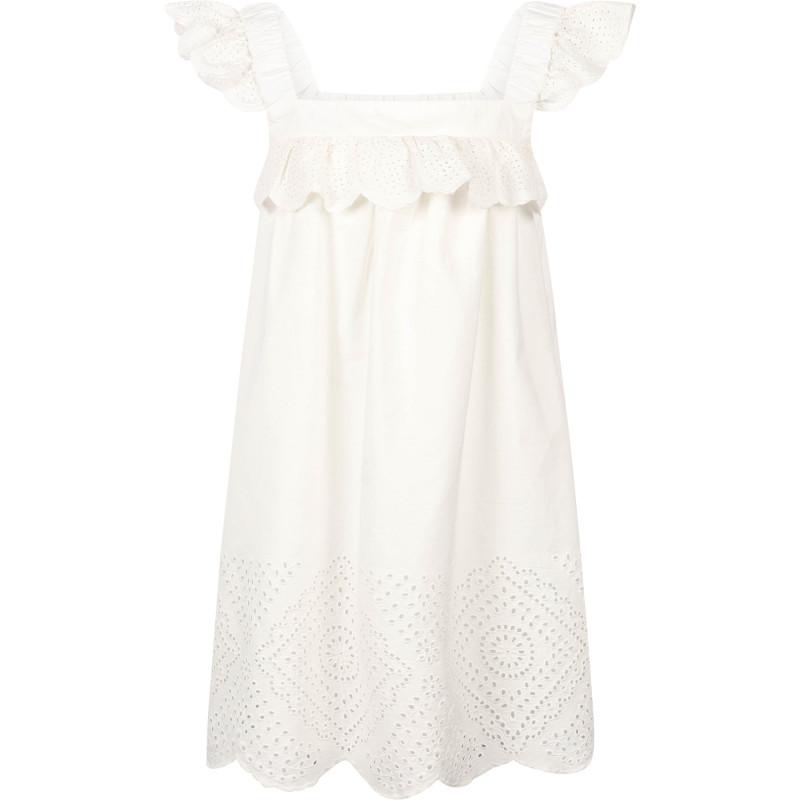 Ruffled and perforated cotton dress in white商品第1张图片规格展示