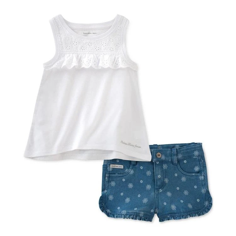 商品Calvin Klein|2-Pc. Eyelet Top & Denim Shorts Set, Baby Girls (0-24 months),价格¥87,第1张图片