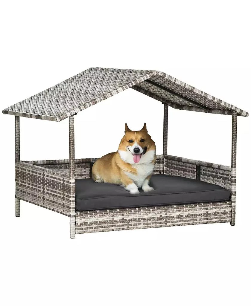 商品PawHut|Elevated Wicker Dog House, Raised Rattan Pet Bed Cabana Canopy, Grey,价格¥693,第1张图片