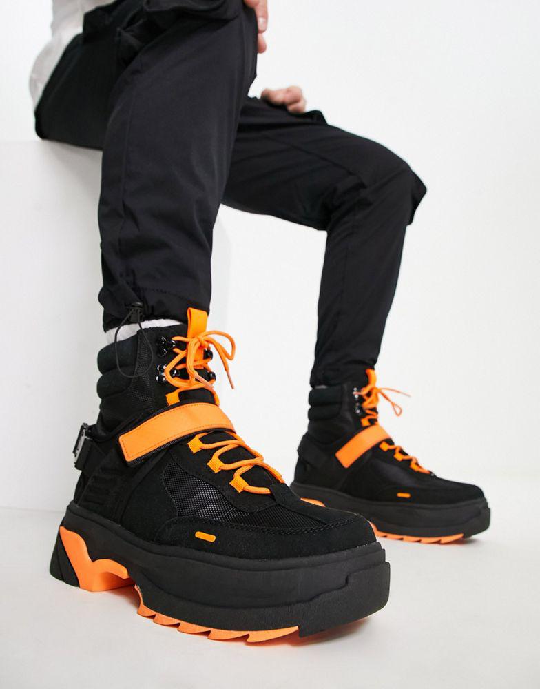ASOS DESIGN chunky lace up boot in black with orange details商品第4张图片规格展示