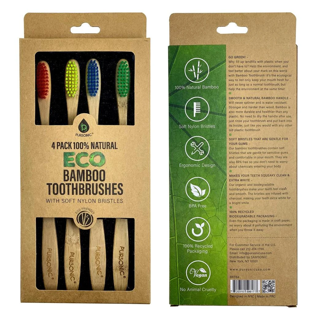 商品PURSONIC|Pursonic 100% Natural Eco Bamboo Toothbrushes (4 pack),价格¥127,第1张图片