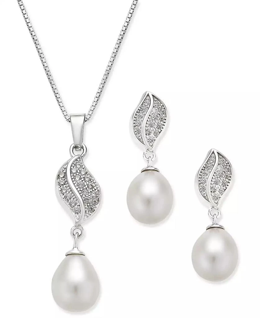 商品Macy's|Cultured Freshwater Pearl (7x9mm) and Cubic Zirconia Pendant Necklace and Matching Drop Earrings Set in Sterling Silver,价格¥468,第1张图片