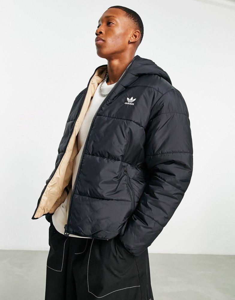 adidas Originals trefoil logo reversible puffer jacket in black and sand商品第1张图片规格展示