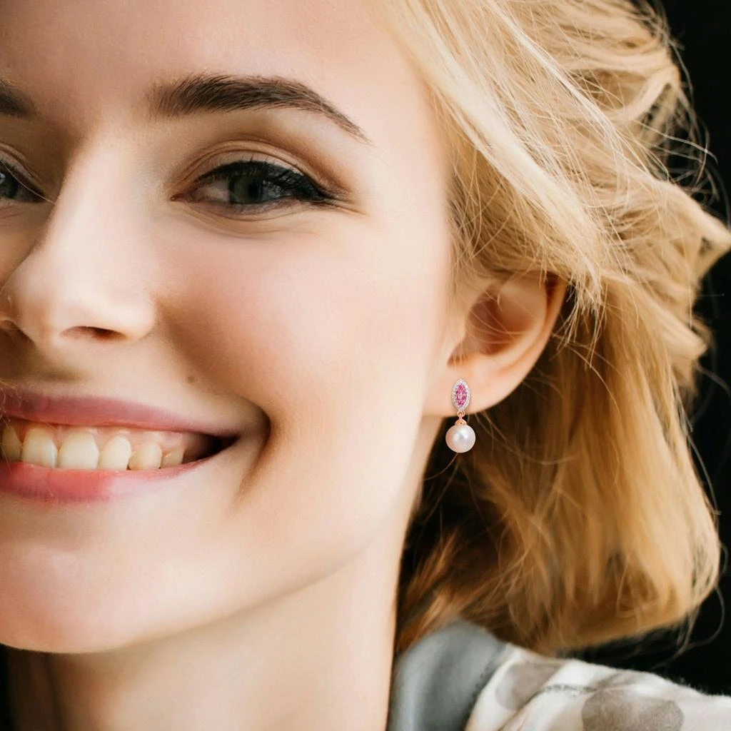 商品Mimi & Max|Mimi & Max 8mm Cultured Freshwater Pearl 1/7ct TDW Diamond & Pink Sapphire Marquise Earrings 14k Rose Gold,价格¥2609,第1张图片详细描述
