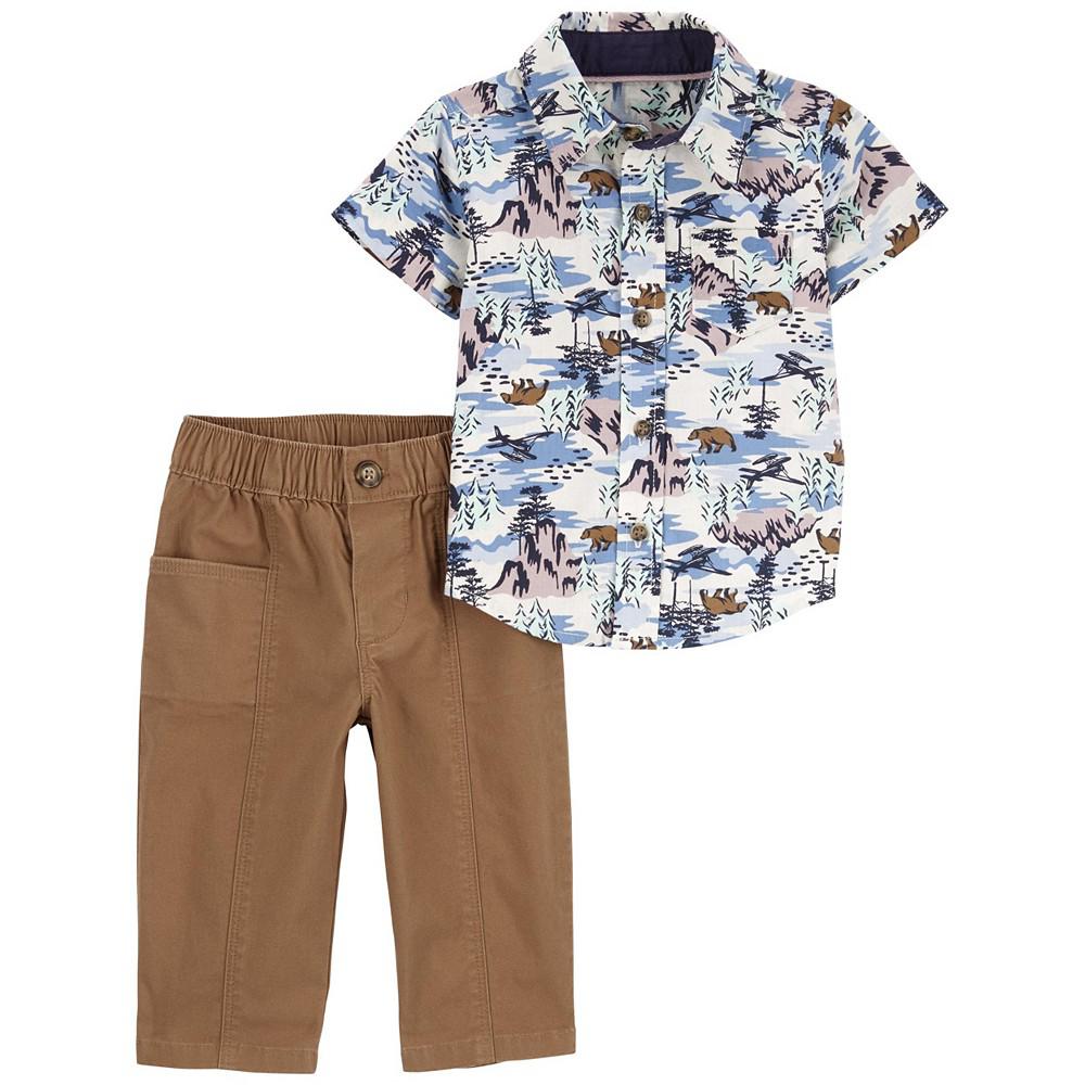 Baby Boys Bear Button Front Shirt and Canvas Pant Set, 2 Piece商品第1张图片规格展示