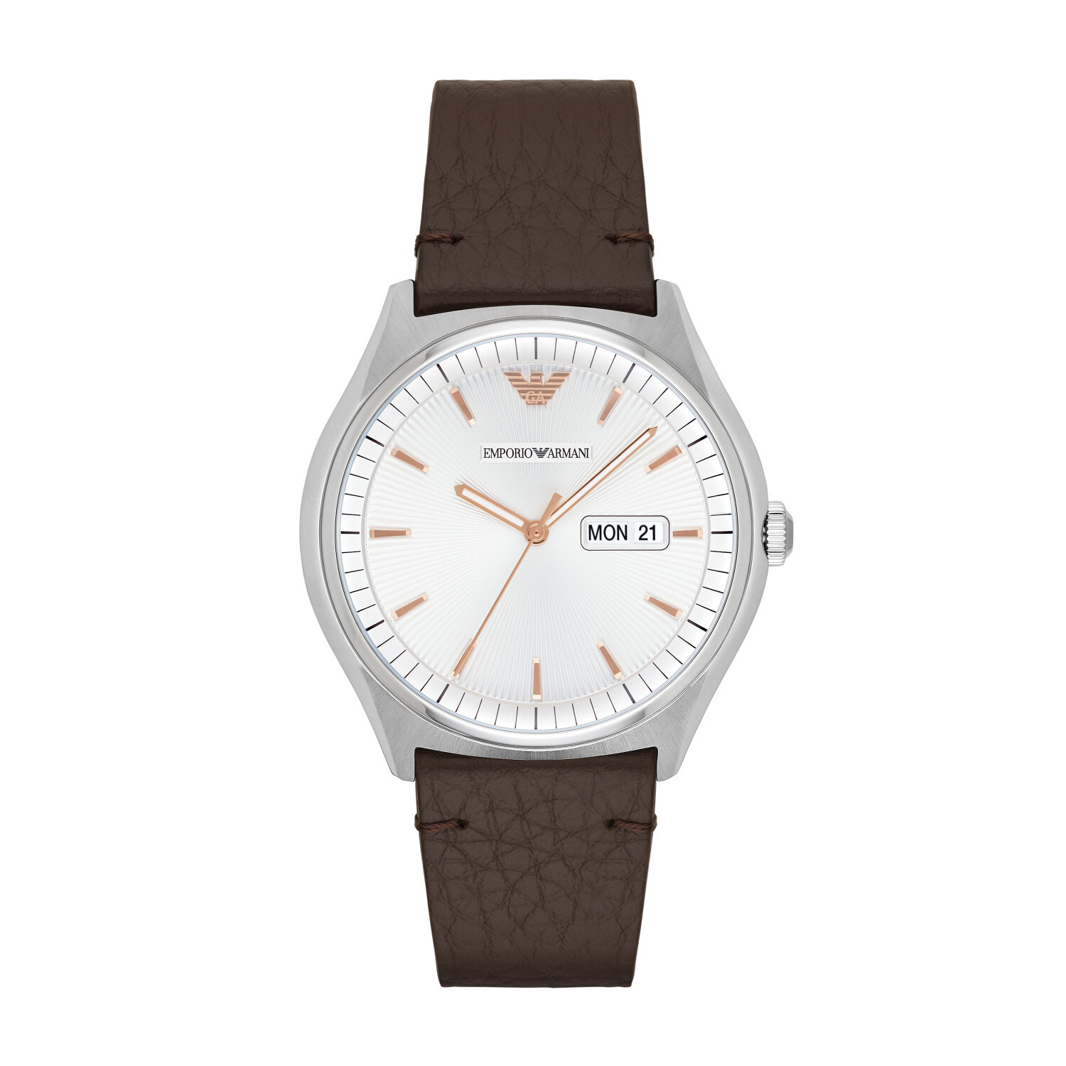 商品Emporio Armani|22年新款阿玛尼银色皮革棕色表带男士石英手表,价格¥816,第1张图片