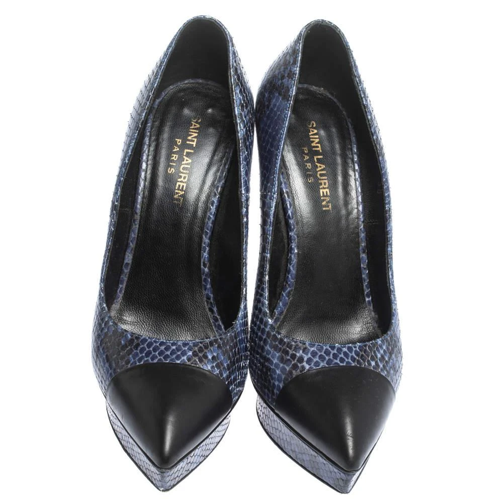 商品[二手商品] Yves Saint Laurent|Saint Laurent Blue/Black Snake Embossed Leather Janis Cap Toe Platform Pumps Size 38,价格¥900,第3张图片详细描述