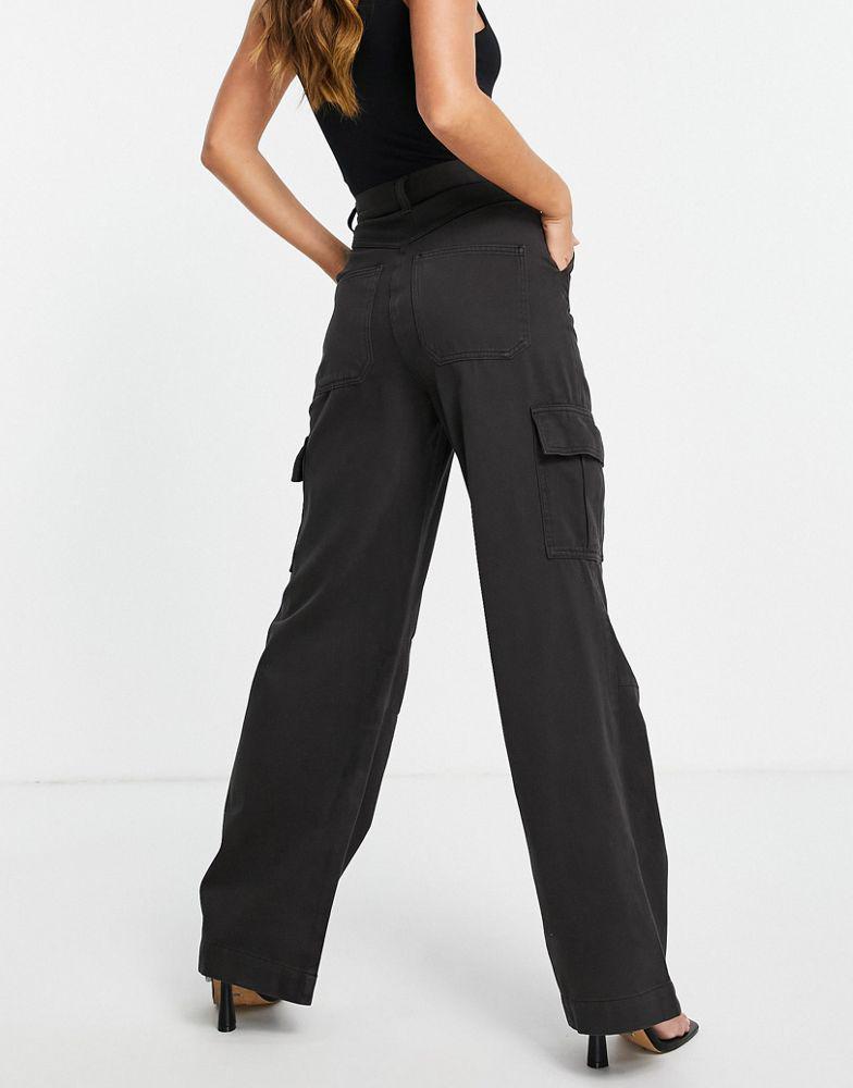 Topshop high waisted wide leg utility trouser in washed black商品第2张图片规格展示