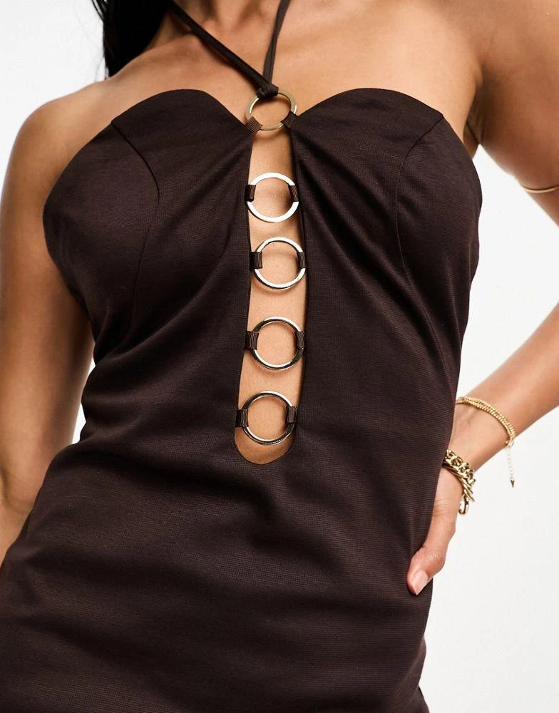 商品ASOS|ASOS DESIGN halter mini dress with ring trim detail in chocolate,价格¥138,第3张图片详细描述