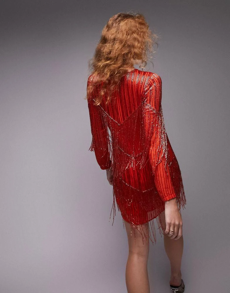 商品Topshop|Topshop long sleeved chevron beaded fringe mini dress in orange,价格¥949,第4张图片详细描述