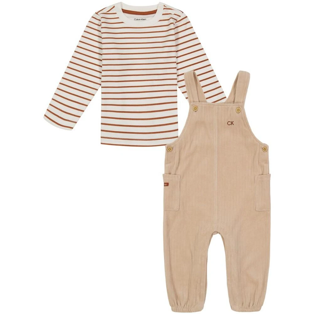 商品Calvin Klein|Baby Boys 2 Piece Striped T-shirt and Ribbed Velour Overall Set,价格¥285,第1张图片