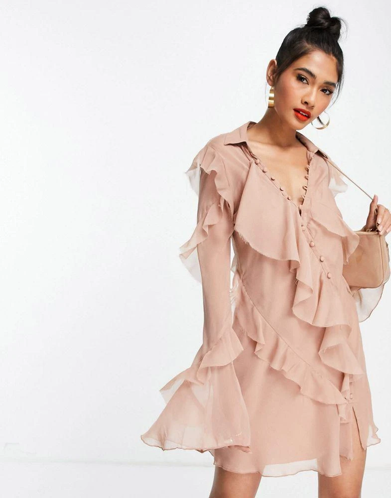 商品ASOS|ASOS DESIGN bias cut ruffle shirt mini dress,价格¥184,第4张图片详细描述