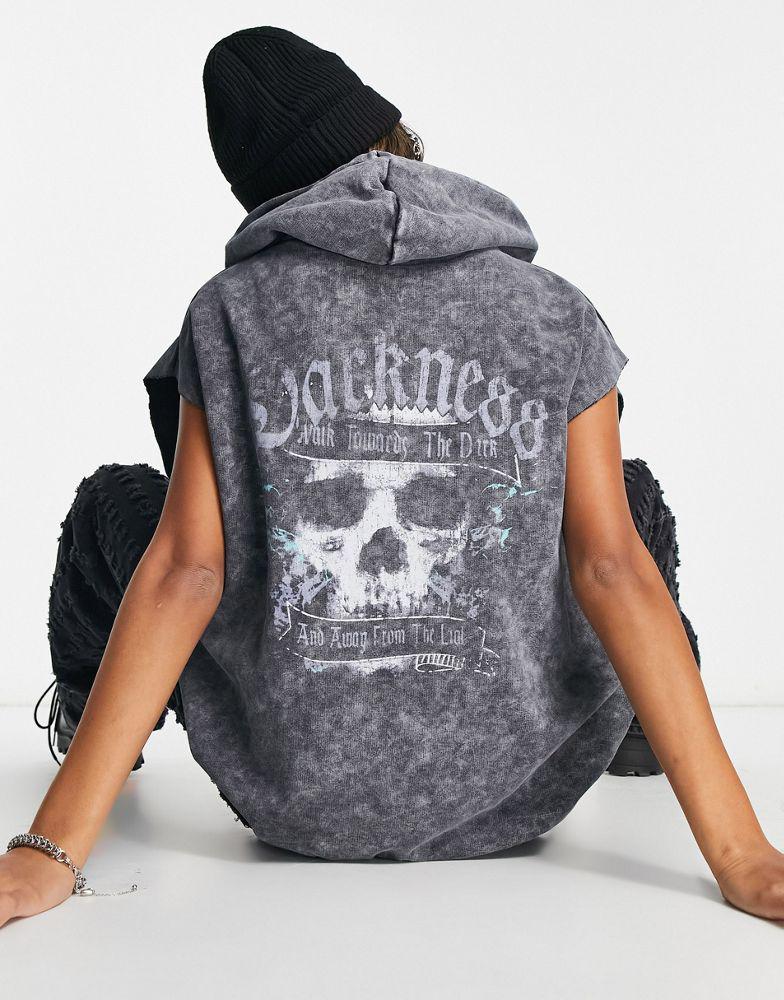 ASOS DESIGN graphic rock sleeveless hoodie in charcoal商品第1张图片规格展示