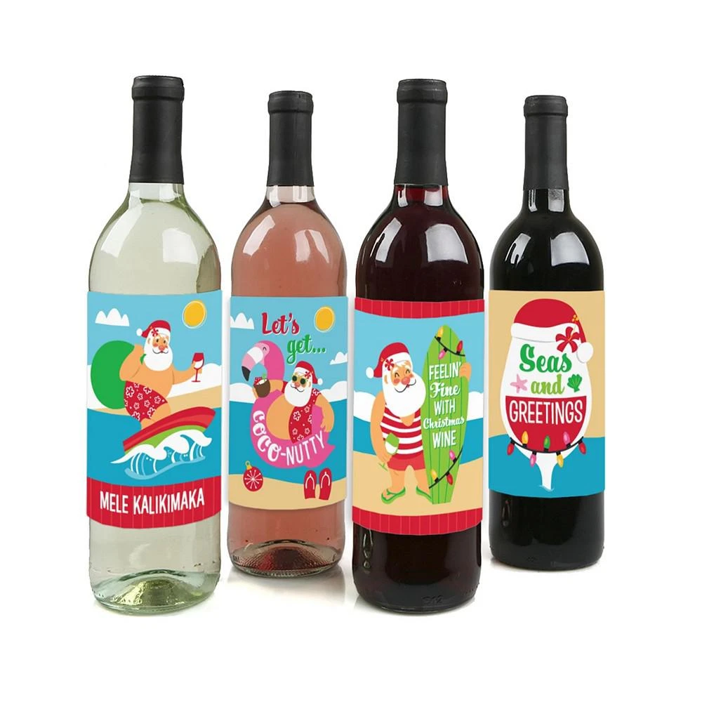 商品Big Dot of Happiness|Tropical Christmas Beach Santa Holiday Party Wine Bottle Label Stickers 4 Ct,价格¥82,第1张图片