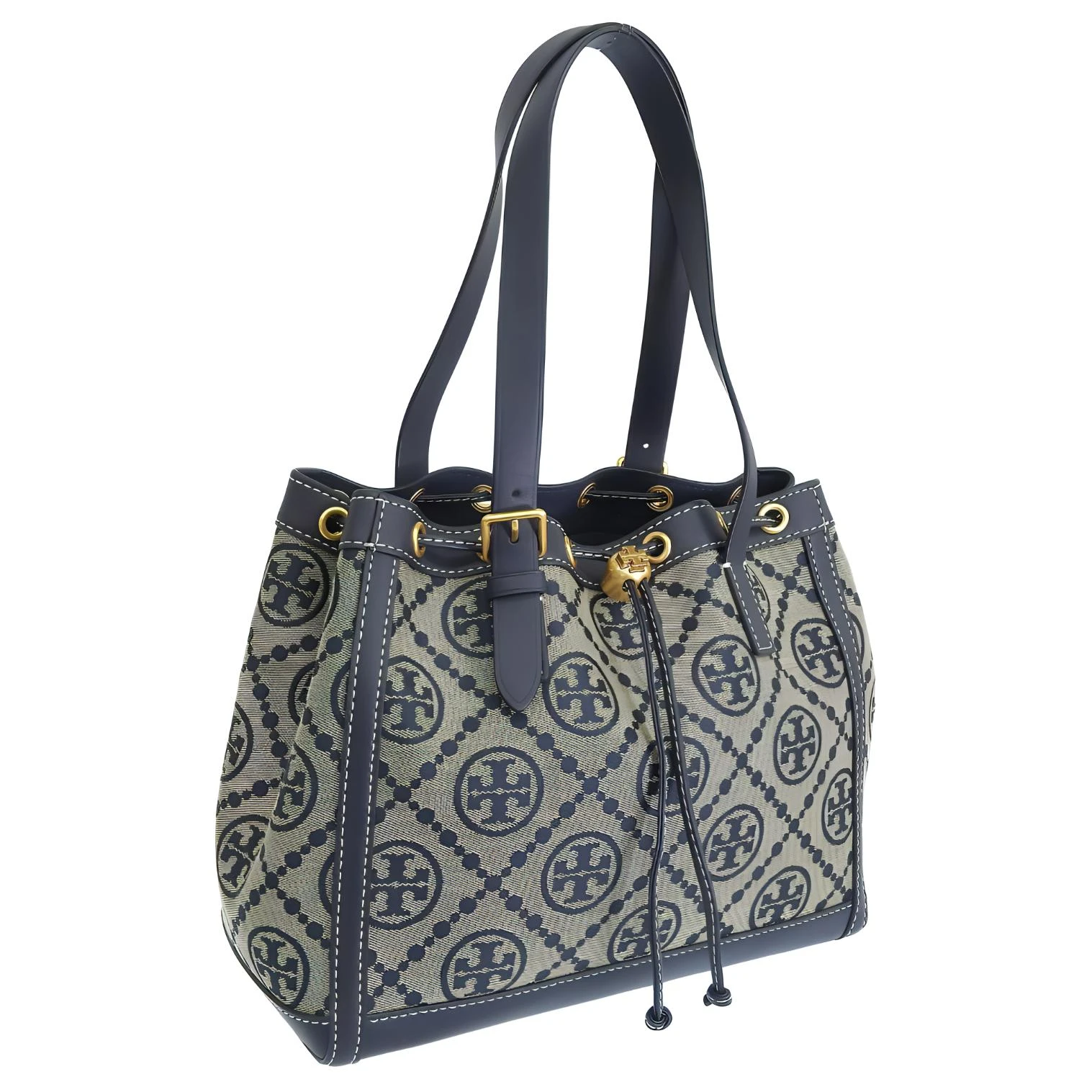 商品[国内直发] Tory Burch|汤丽柏琦 T Monogram 品牌标志性Logo老花满印哑光质感 编织提花拼皮革 水桶单肩手提包 小号 女款 海军蓝,价格¥4035,第3张图片详细描述