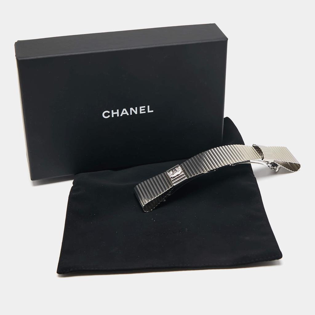 Chanel CC Textured Double Bow Silver Tone Barrette商品第5张图片规格展示