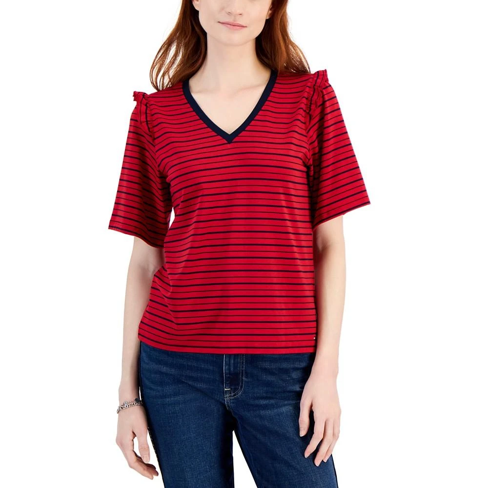 商品Tommy Hilfiger|Women's Striped Ruffle-Trim Boxy T-Shirt,价格¥153,第1张图片
