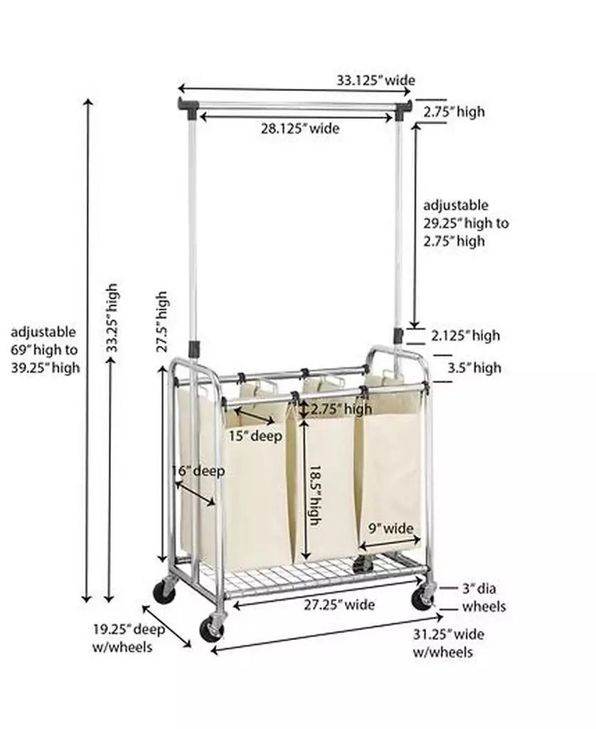 商品Household Essentials|Commercial Grade 3 Bag Laundry Sorter with Wheels and Garment Rack for Hanging Clothes,价格¥911,第2张图片详细描述