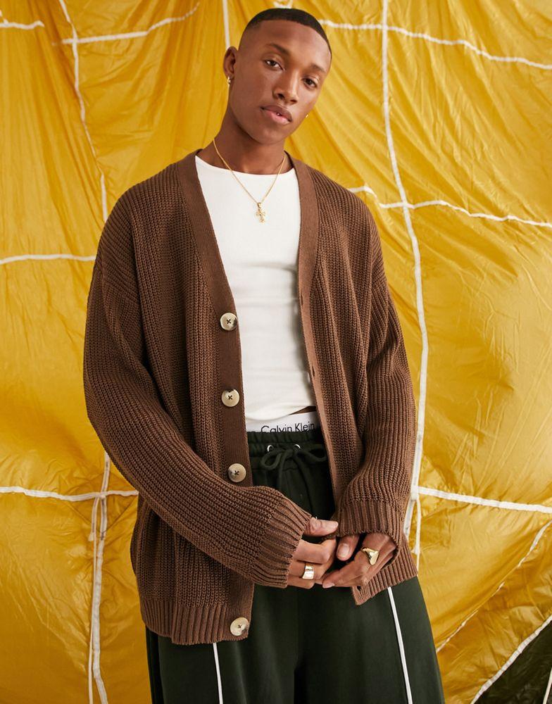 ASOS DESIGN knitted oversized fisherman rib cardigan in brown商品第3张图片规格展示