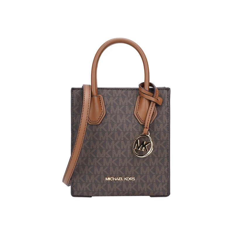 商品Michael Kors|Michael Kors 奥莱款 MERCER超小号PVC老花配皮女士手提斜挎购物包 35T1GM9C0I BROWN,价格¥842,第1张图片