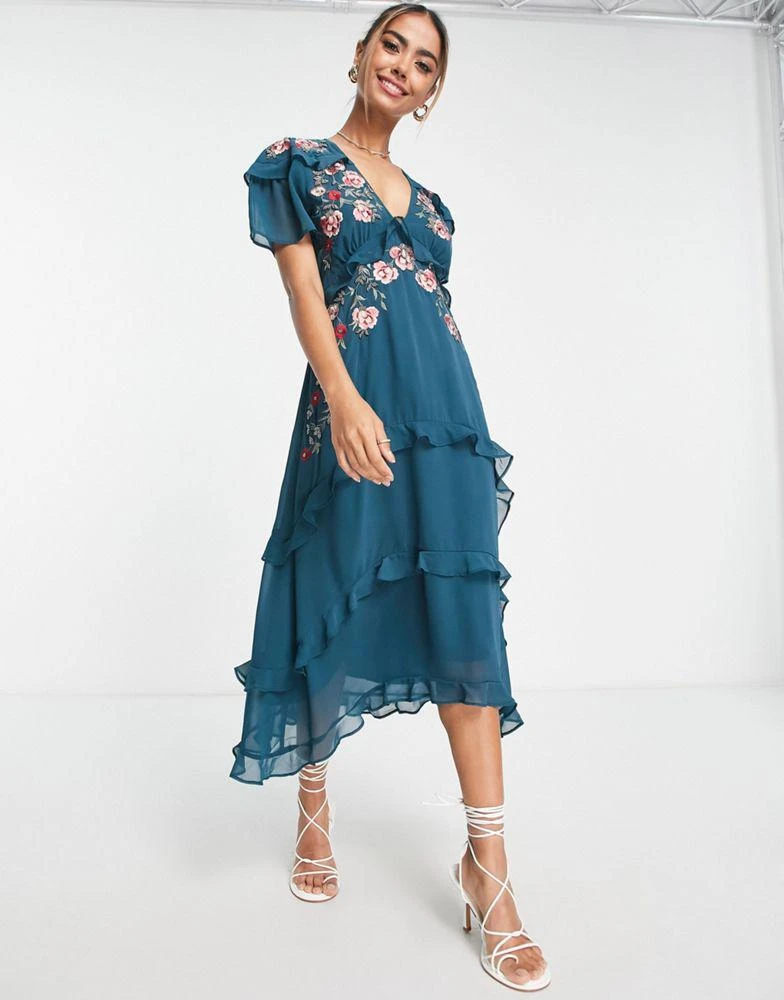 商品Hope & Ivy|Hope & Ivy embroidered ruffle midi dress in emerald,价格¥839,第4张图片详细描述