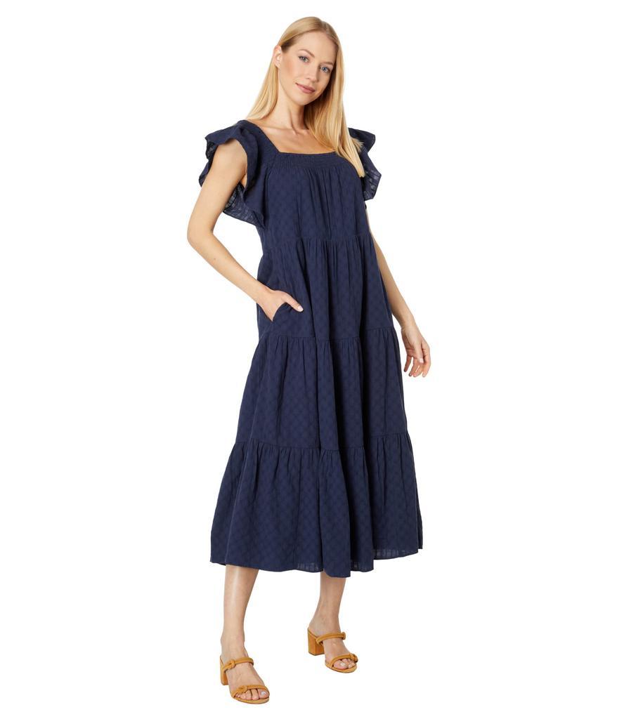 商品Madewell|Ruffle-Sleeve Tiered Midi Dress in Textured Check,价格¥515,第1张图片