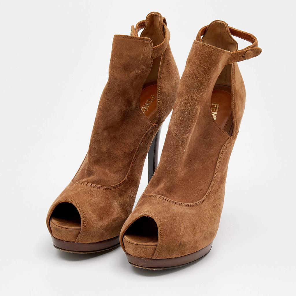 Fendi Brown Suede Peep Toe Platform Booties Size 38.5商品第2张图片规格展示