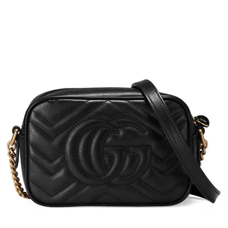 GUCCI/古驰 迷你GG Marmont女士黑色牛皮波浪纹双G链条单肩斜挎相机包 商品