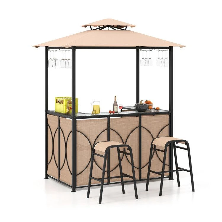 商品Hivvago|3-Piece Patio Bar Set Grill Gazebo & 2 Bar Stools with Tempered Glass Bar Table,价格¥3620,第1张图片