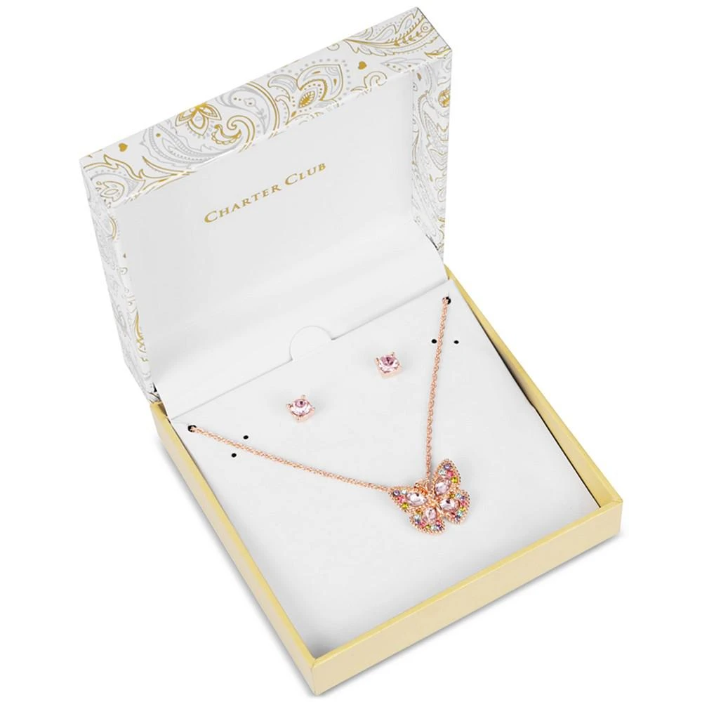 商品Charter Club|Rose Gold-Tone Multicolor Crystal Butterfly Pendant Necklace & Stud Earrings Set, Created for Macy's,价格¥67,第1张图片