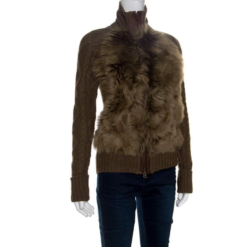 商品[二手商品] Ralph Lauren|Ralph Lauren Brown Wool and Angora Knit Fur Panel Detail Zip Front Jacket XS,价格¥1471,第4张图片详细描述