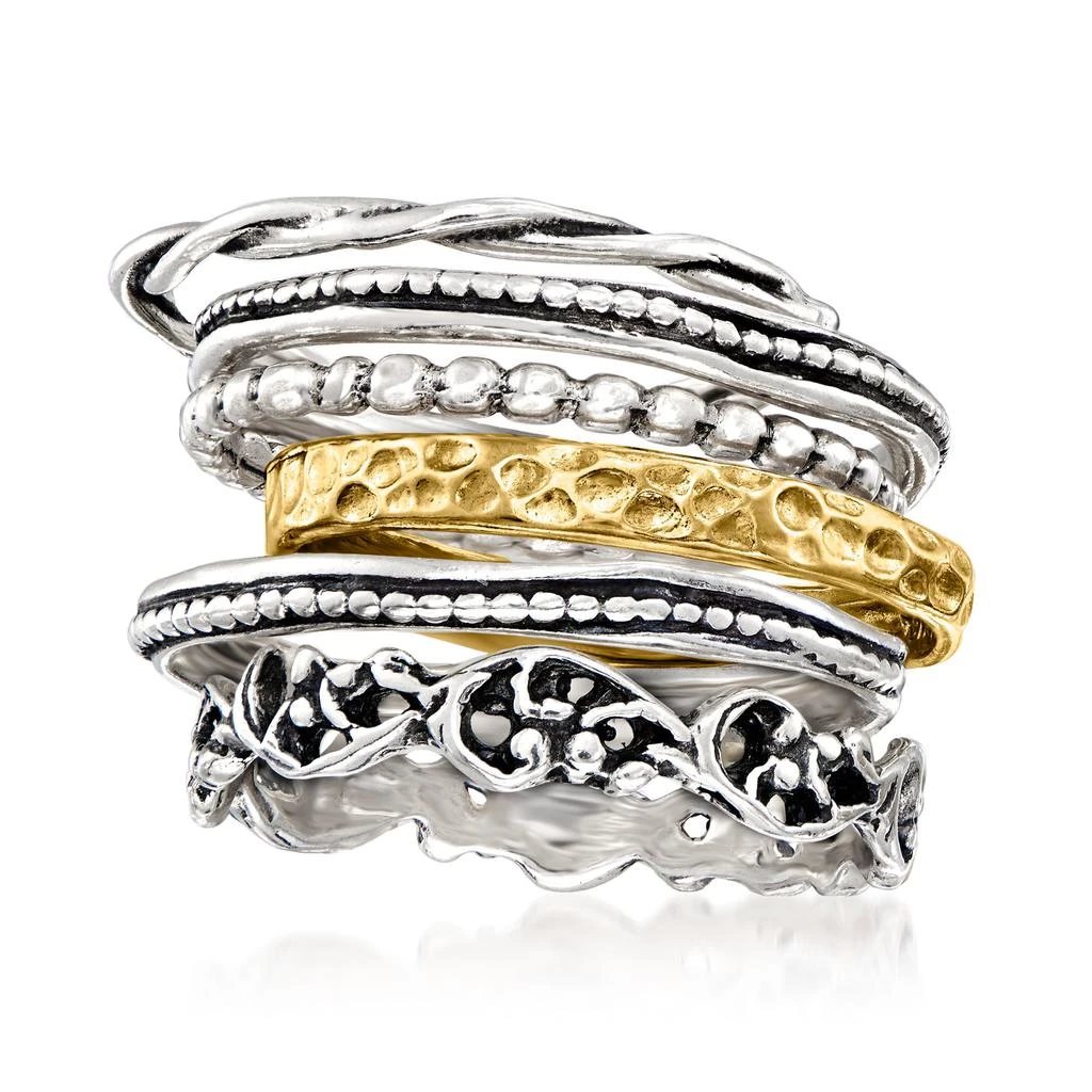 商品Ross-Simons|Sterling Silver and 18kt Gold Over Sterling Jewelry Set: 6 Textured Rings,价格¥957,第5张图片详细描述