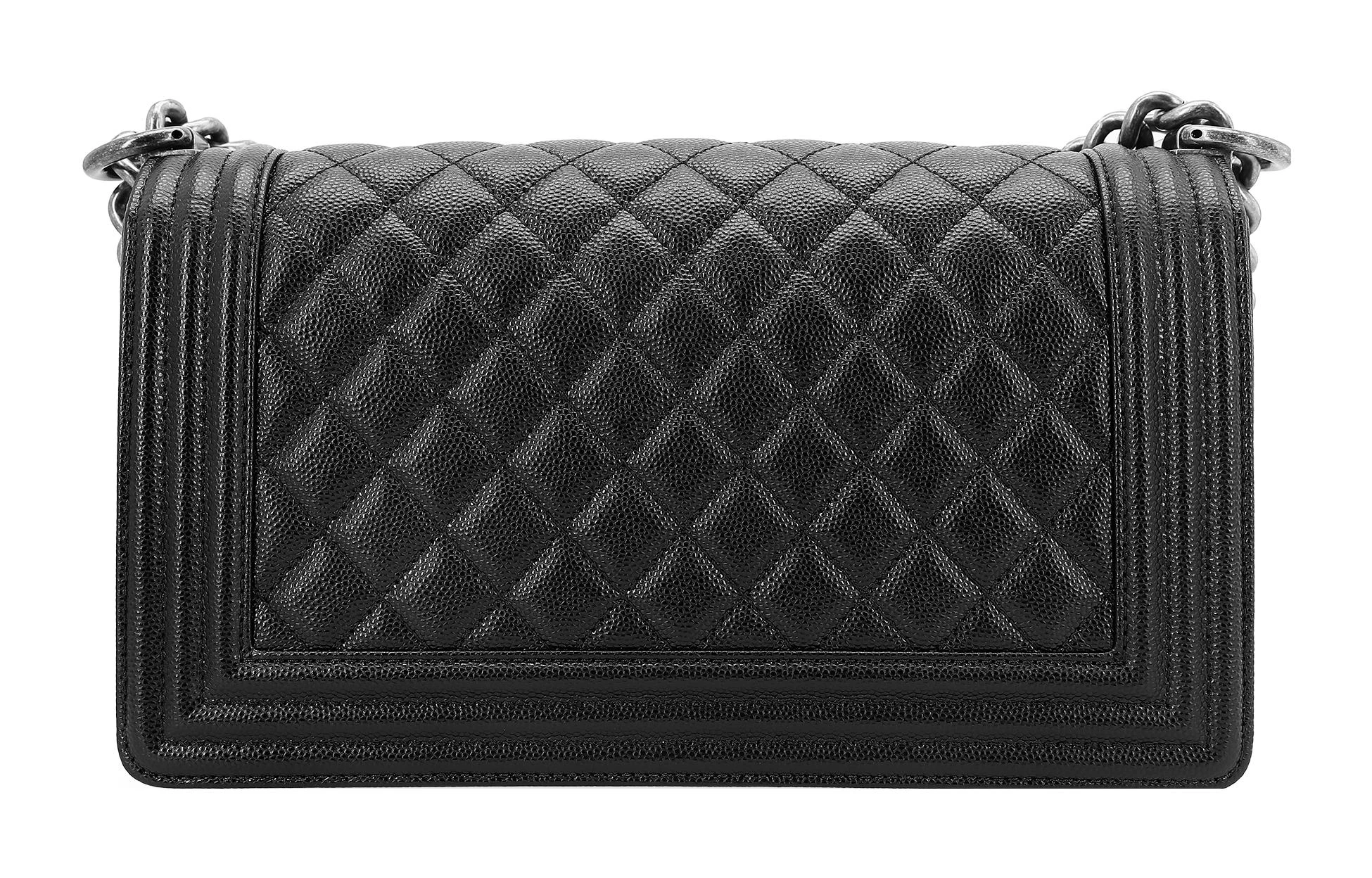 商品[国内直发] Chanel|香奈儿 LEBOY 做旧银扣菱格翻盖颗粒压花 小牛皮 单肩斜挎包 中号 女款 黑色,价格¥47543,第4张图片详细描述