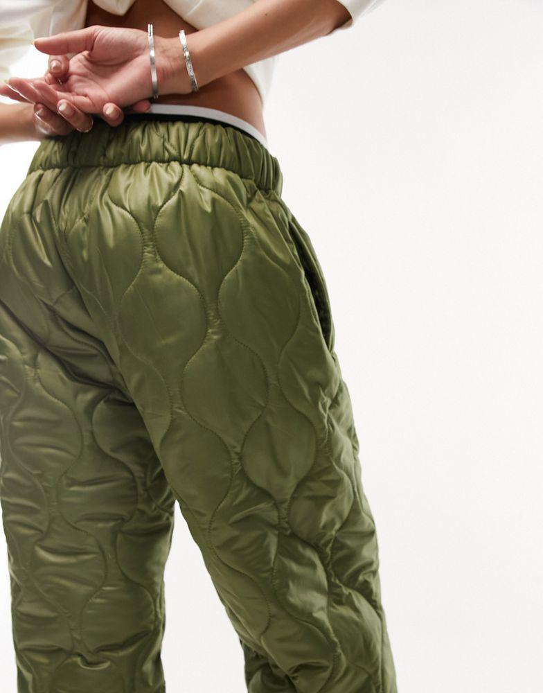 Topshop quilted puffer straight leg trouser in khaki商品第3张图片规格展示