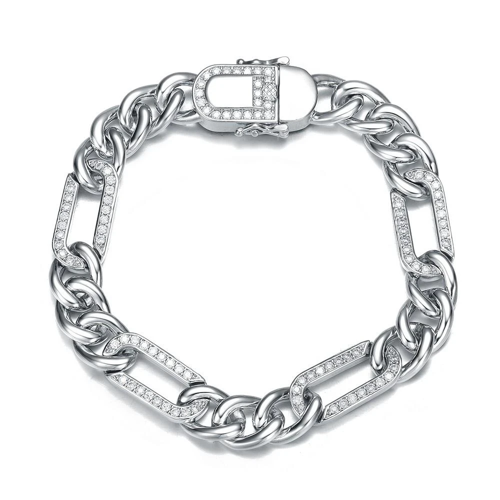 商品Genevive|Men's Sterling Silver White Gold Plated with Iced Out Cubic Zirconia Paper Clip Curb Chain Bracelet,价格¥1530,第1张图片