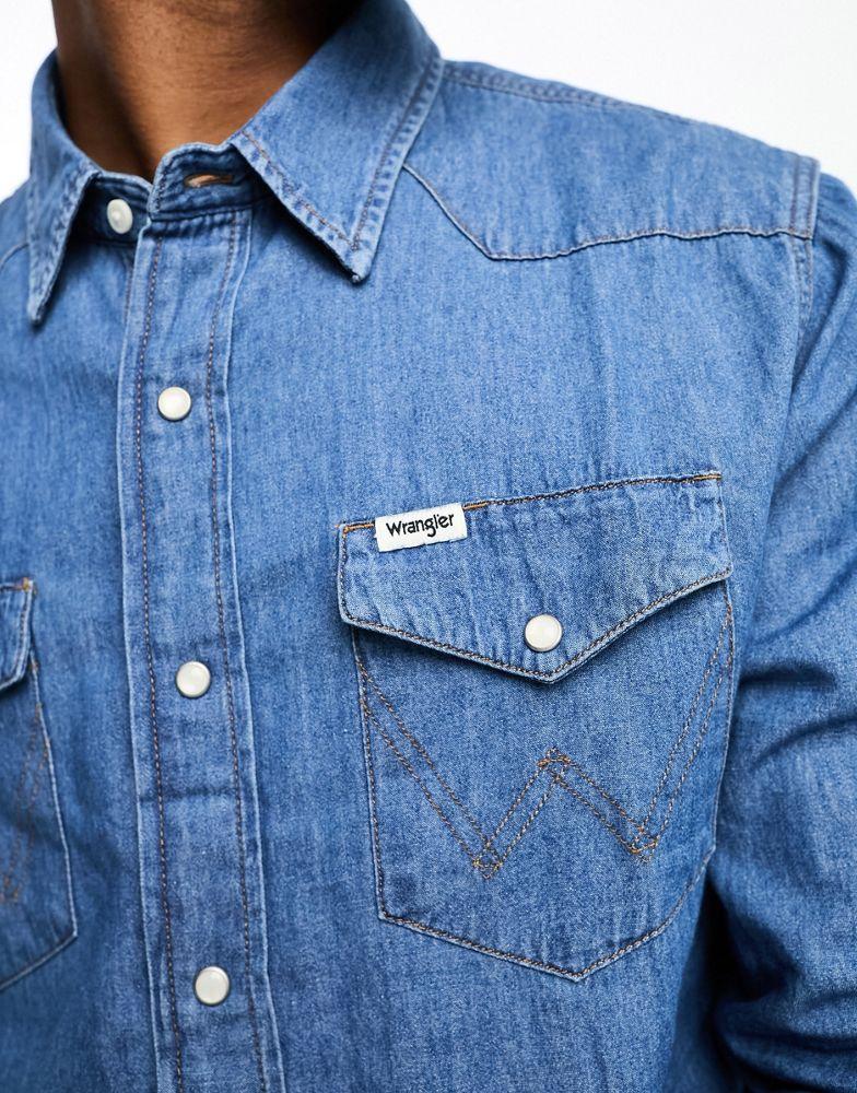 Wrangler western long sleeve shirt in mid-blue商品第2张图片规格展示