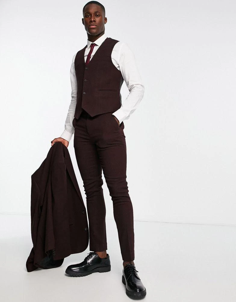 商品ASOS|ASOS DESIGN wedding skinny wool mix suit waistcoat in burgundy herringbone,价格¥155,第3张图片详细描述