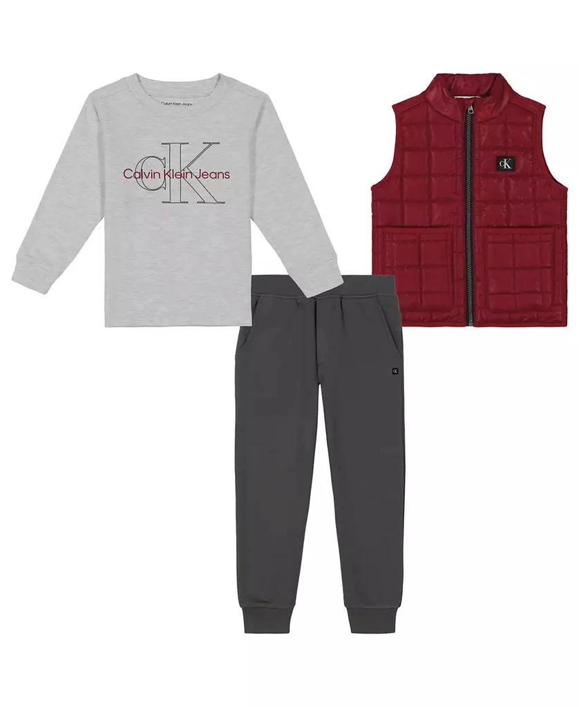 商品Calvin Klein|Toddler and Little Boys Long Sleeve Logo Tee, Fleece Joggers Quilted Microfiber Vest 3-Piece Set,价格¥262,第1张图片