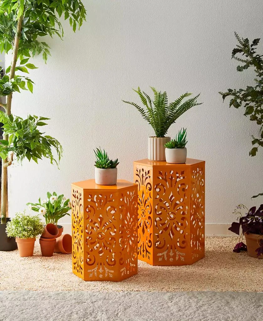 Multi-Functional Set of 2 Orange  Cutout Floral Hexagonal Garden Stools or Planter Stand 商品