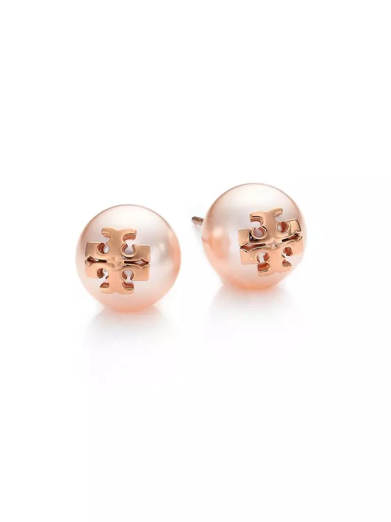 商品Tory Burch|Stainless Steel &amp; Imitation Pearl Logo Stud Earrings,价格¥587,第1张图片