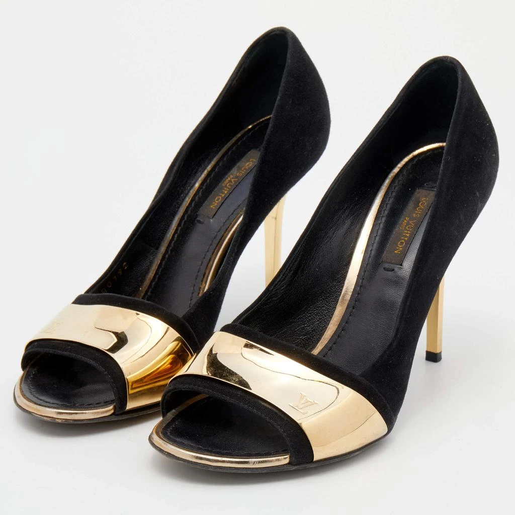 商品[二手商品] Louis Vuitton|Louis Vuitton Black Suede Gold Plate Peep Toe Pumps Size 36.5,价格¥3516,第2张图片详细描述