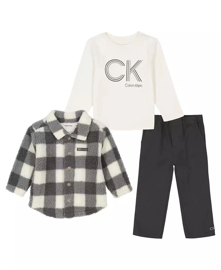 商品Calvin Klein|Baby Boy Long Sleeve Logo Bodysuit, Twill Pants Check Berber Shirt Jacket, 3-Piece Set,价格¥280,第1张图片