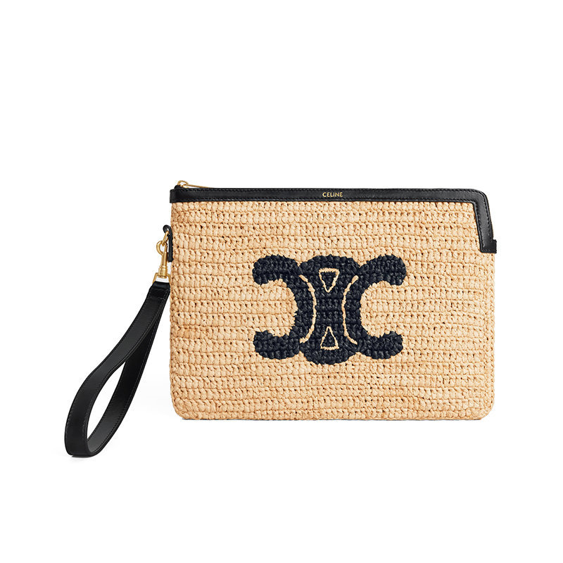 商品Celine|【预售3-7天】CELINE/赛琳 22新款CUIR TRIOMPHE系列 女士自然色/黑色拉菲草编织皮革饰边配可拆卸腕带手拿包10H902EHH.02NC,价格¥5324,第1张图片