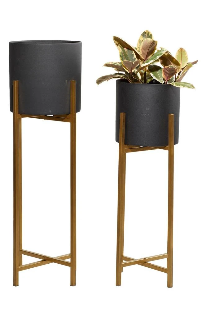 商品WILLOW ROW|Black Metal Indoor & Outdoor Planter with Removable Goldtone Stand - Set of 2,价格¥1186,第2张图片详细描述